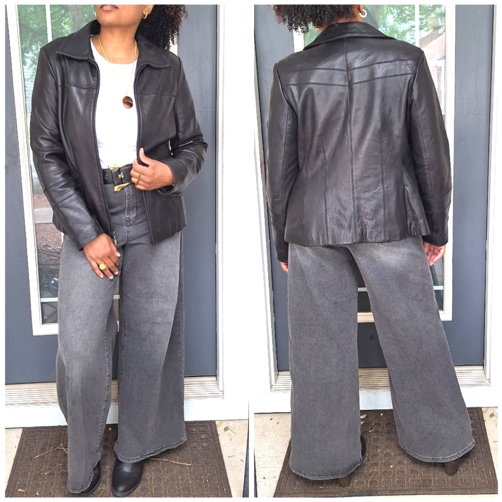 Jones New York Black Leather Stitch Detailed Coat
